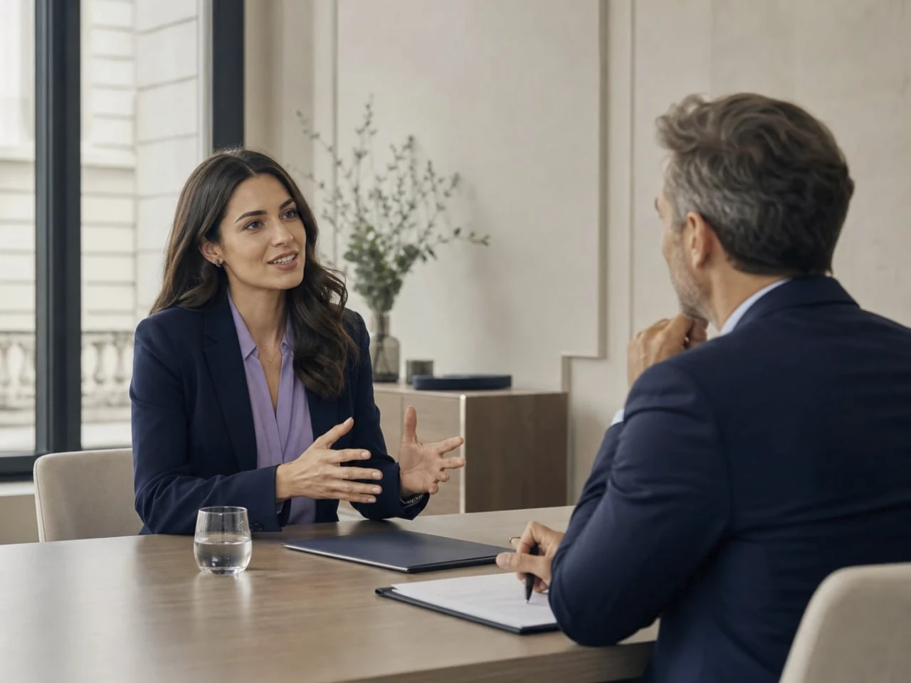 Exactly two people in a professional interview conversation.