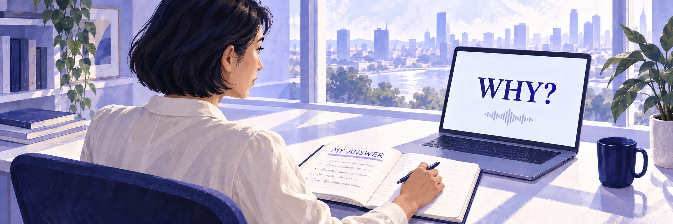 Redaktionelle Illustration einer Frau beim Interviewtraining am Laptop. Im Notizbuch steht „MY ANSWER“, auf dem Bildschirm erscheint die neue Frage „WHY?“.
