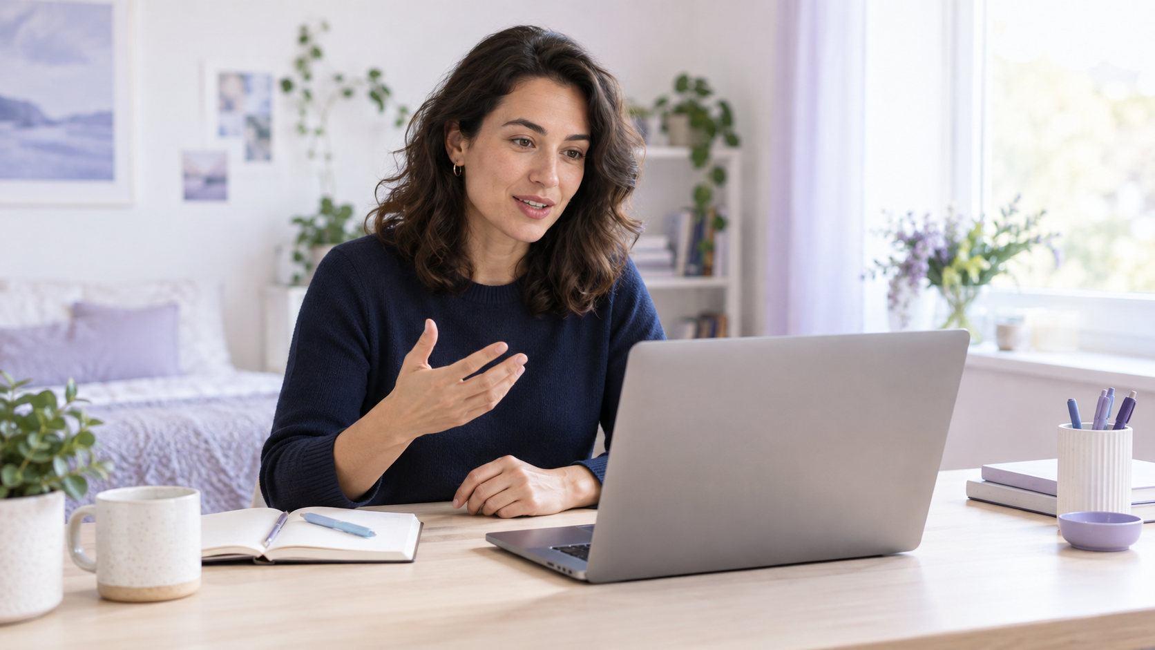 Eine Bewerberin übt am Laptop eine Interviewantwort; neben ihr liegt ein aufgeschlagenes Notizbuch.