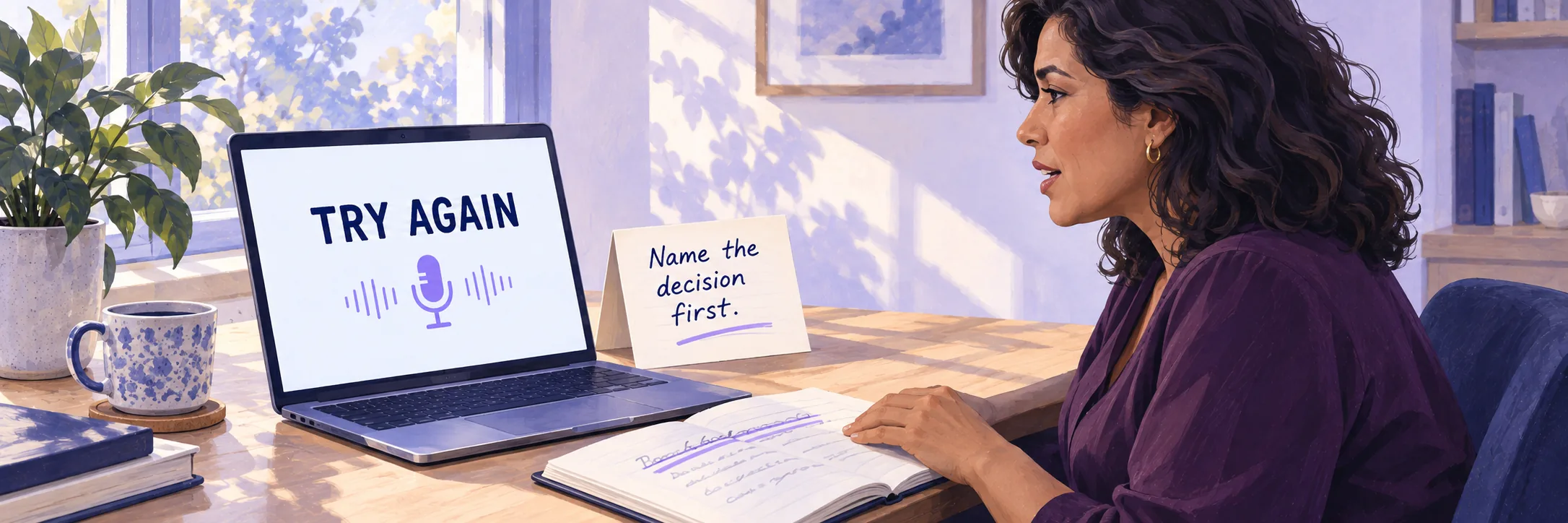 Redaktionelle Illustration einer Frau, die eine neue Antwort übt. Neben dem Laptop stehen „Name the decision first.“ und „TRY AGAIN“. Symbolische Übung, kein Produkt-Screenshot.
