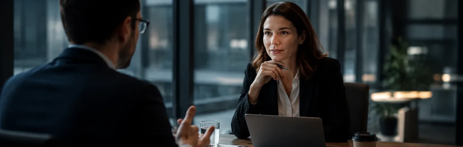 An interviewer listens closely as a candidate explains an answer across a meeting table.